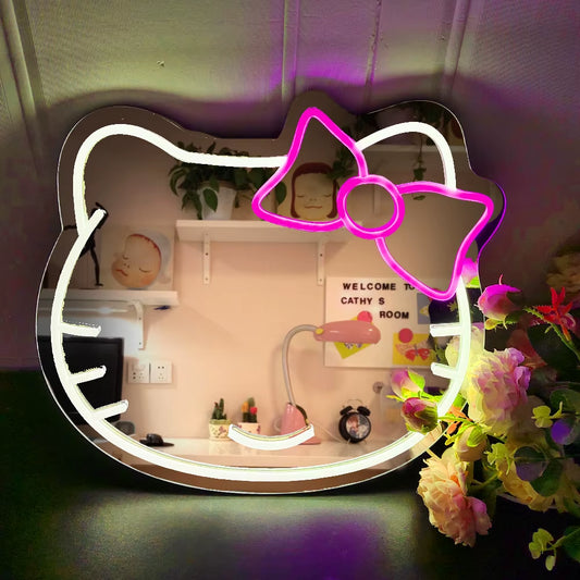 16 Inch Dimmable LED Neon Hello Cat Vanity Mirror with Neon Sign Anime Decorative Light for Bar Bedroom Wall Art