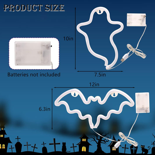 2 Pack Halloween Decoration Leds Neon Sign Light Ghost Neon Sign Bat Lights Neon