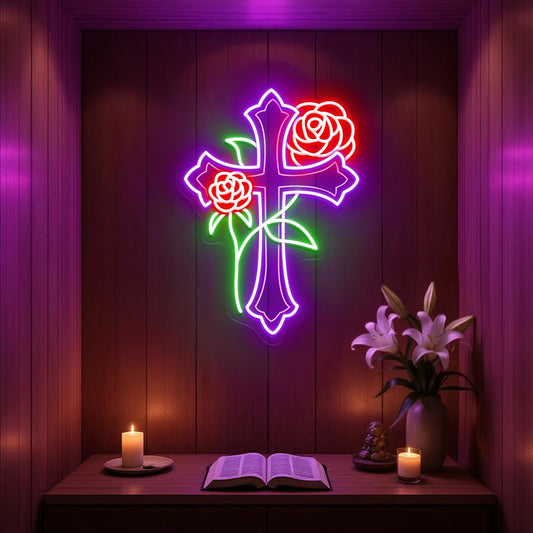 Cross with Rose Flowers Neon Sign, Jesus Neon Sign, Cross Neon Decor , Religious Neon Sign, Cross Jesus Home Decoration