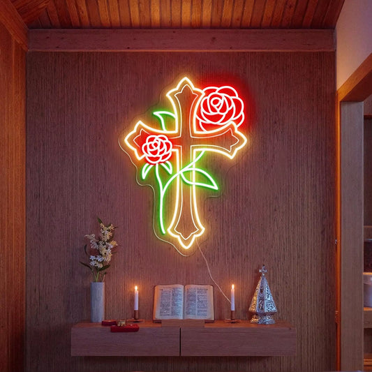 Cross with Rose Flowers Neon Sign, Jesus Neon Sign, Cross Neon Decor , Religious Neon Sign, Cross Jesus Home Decoration