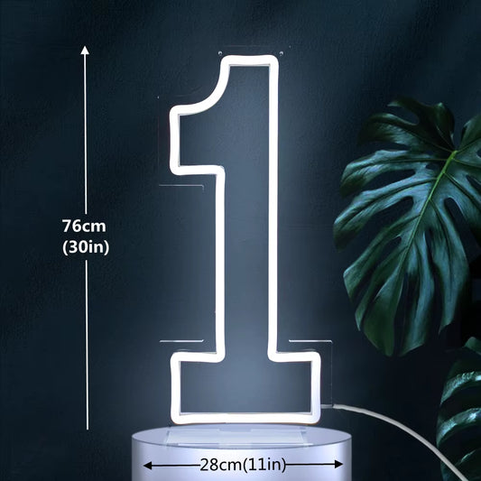76Cm LED Number 1 Neon Sign Baby First Birthday Party Wall Mount & Stand Light with Clear Acrylic Backboard for Decor
